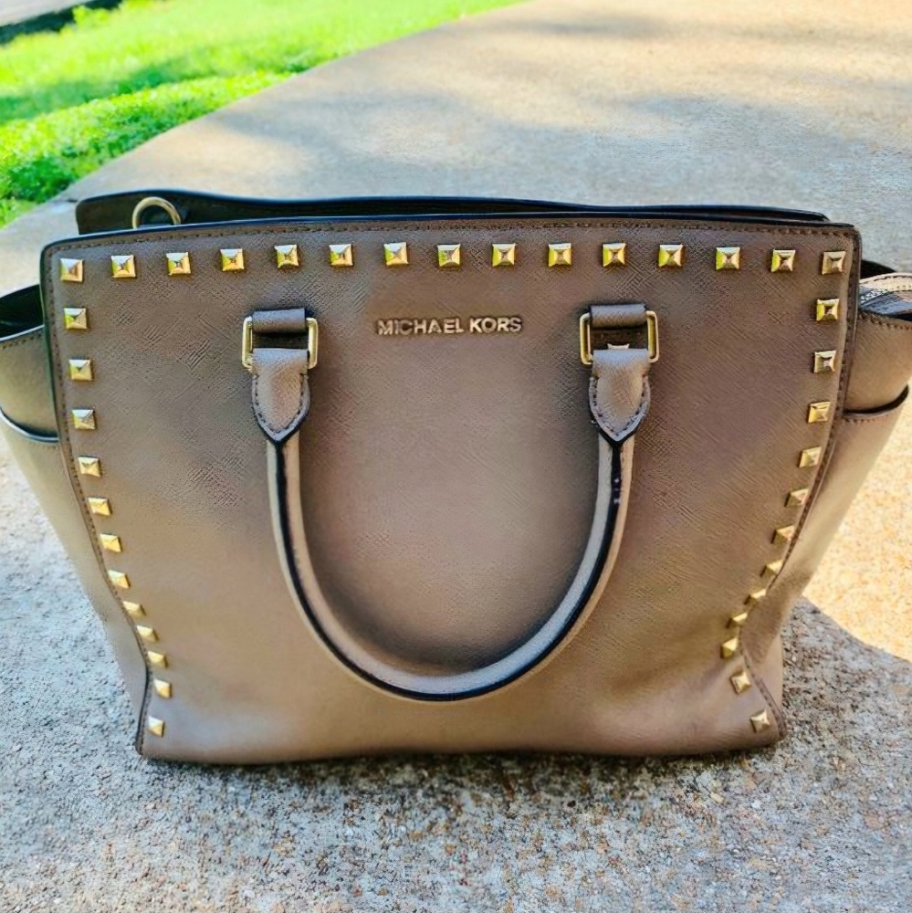 Michael Kors Dark Dune Large Selma Studded Satchel Bag
